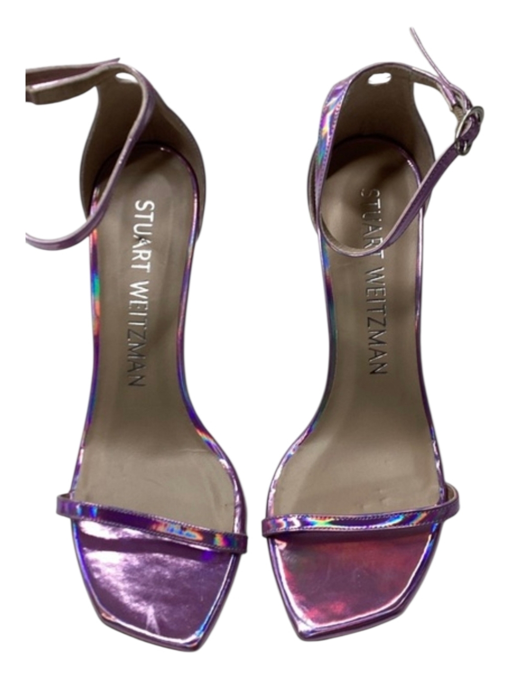 Stuart Weitzman Nudistcurve Patent Leather Ankle-Strap Stiletto Sandals Size 9